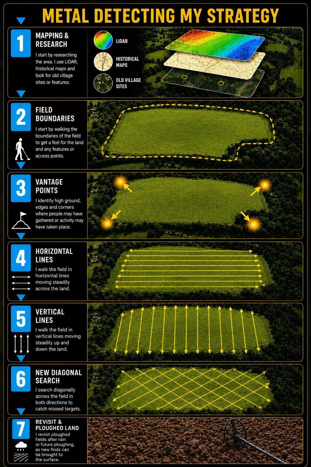 Infographic outlining a strategy for metal detecting with seven key steps.
