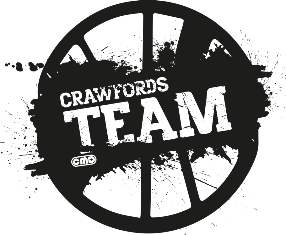 Black and white logo featuring "Crawfords TEAM" and a circular wheel design.