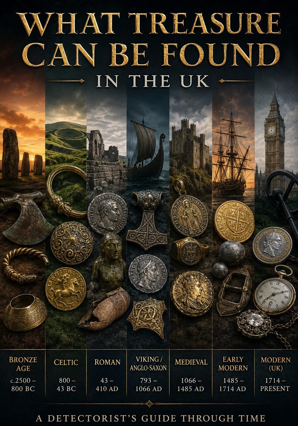 A visual guide to treasures found in the UK, featuring historical artefacts and locations.